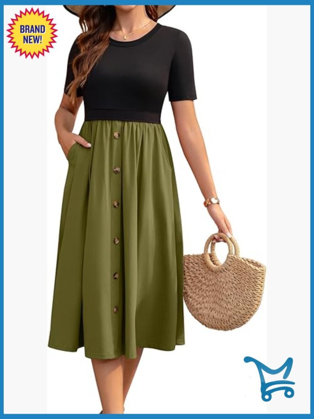 Midi Nursing Dress with Pockets A-Line Cotton Breastfeeding